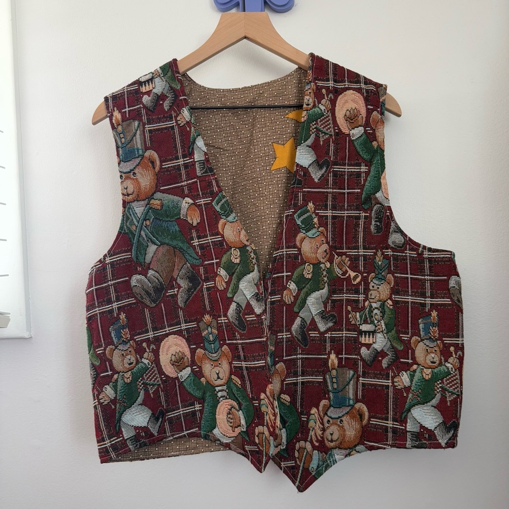 Vintage Retro Open Vest‎ Christmas Bear Nutcracker Red Plaid Relaxed Oversized